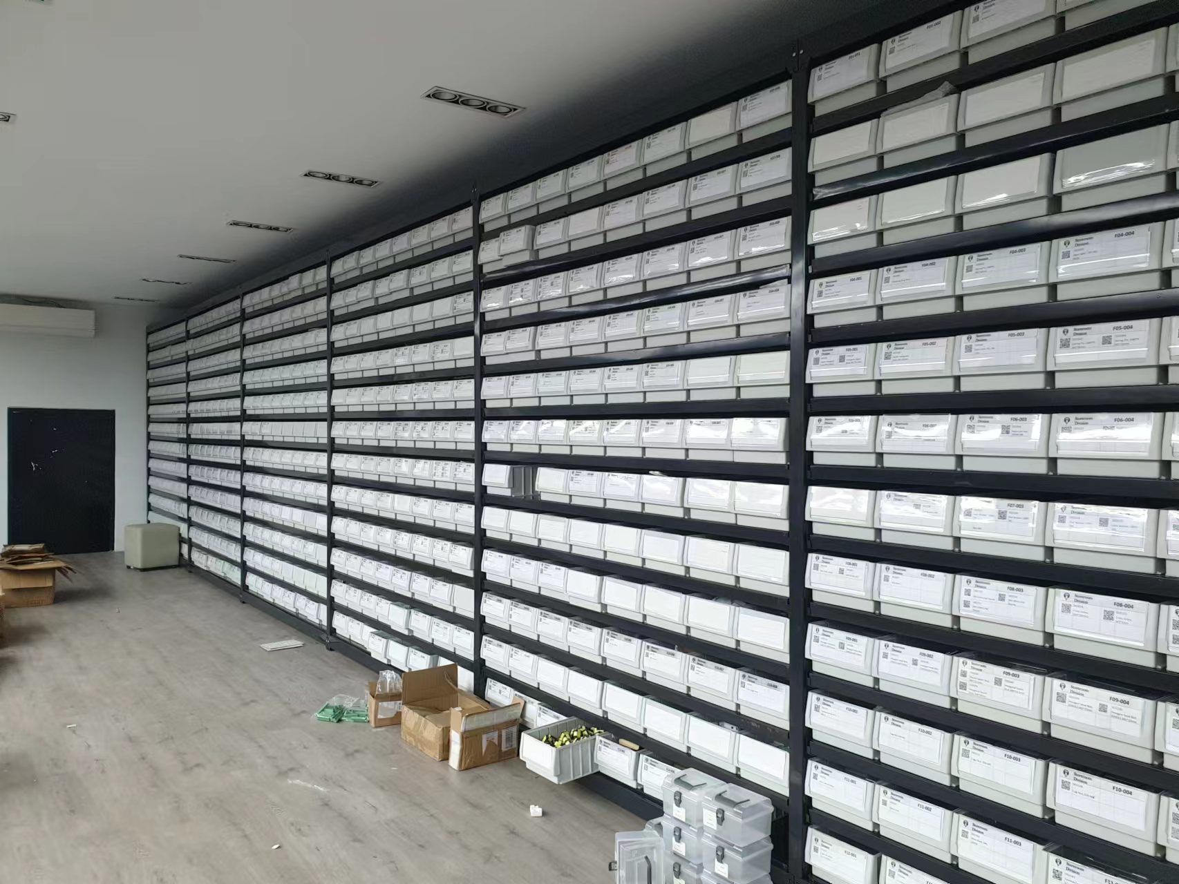 shelving rack with bins