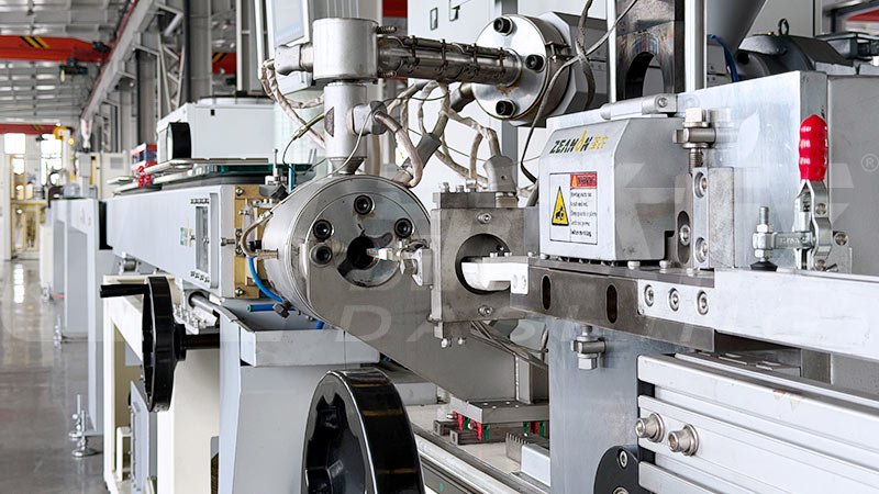 Drip irrigation tape extrusion machine during production
